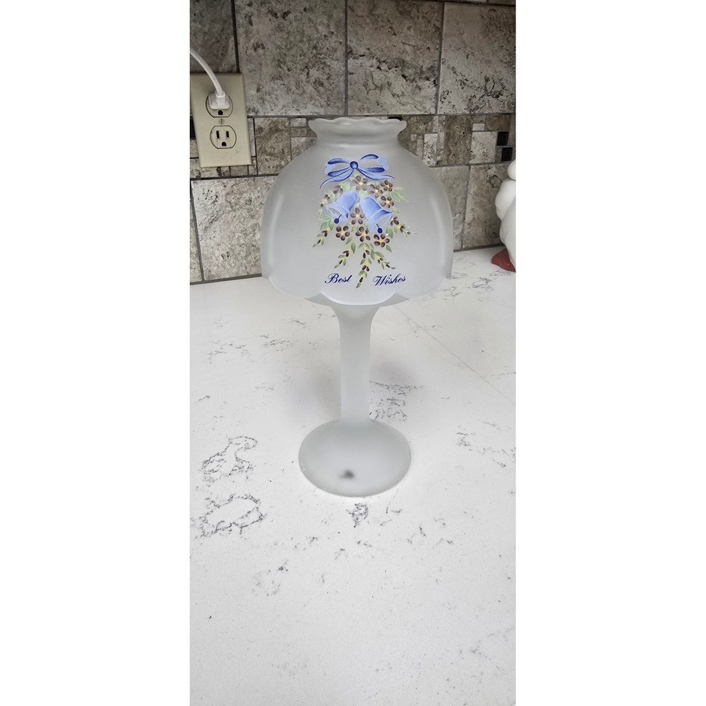 Fenton Frosted Satin Glass Fairy Lamp Best Wishes Blue Wedding Bells 10.5"